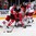 PRAGUE, CZECH REPUBLIC - MAY 4: Canada's Patrick Wiercioch #46 reaches for the puck while fending off the Czech Republic's Roman Cervenka #10 as Ondrej Pavelec #31, Jan Kolar #29 and Sean Couturier #7 look on during preliminary round action at the 2015 IIHF Ice Hockey World Championship. (Photo by Andre Ringuette/HHOF-IIHF Images)

